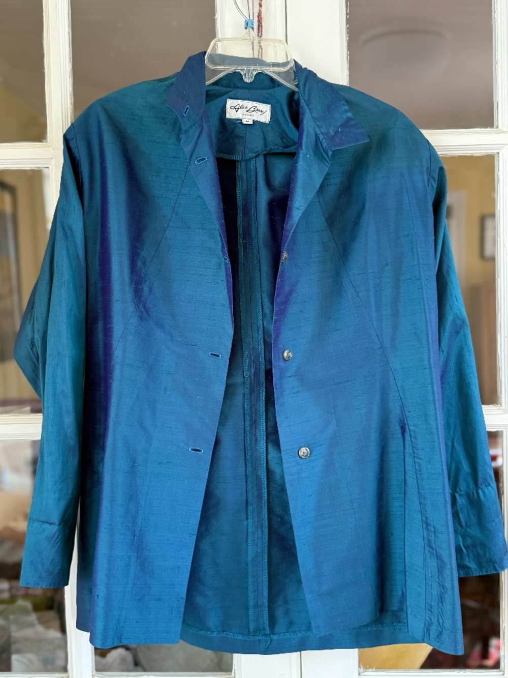 Vintage Alice Berry Peacock Blue / Teal Silk Slubbed Jacket Size M